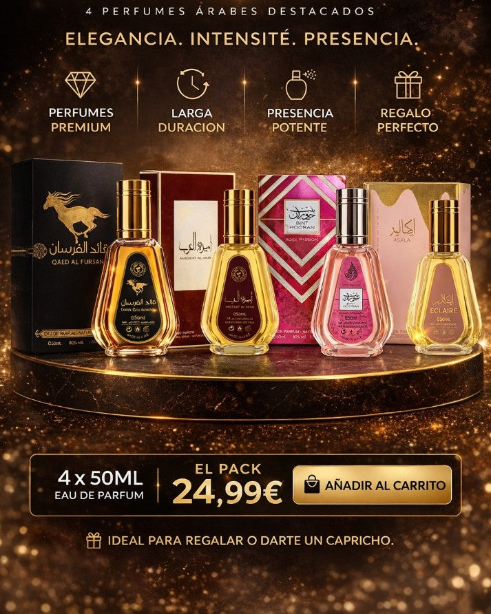 Pack Perfumes Árabes Mujer Lattafa 4x50ml Qaed Al Fursan + Bint Hooran + Ameerat + Eclaire